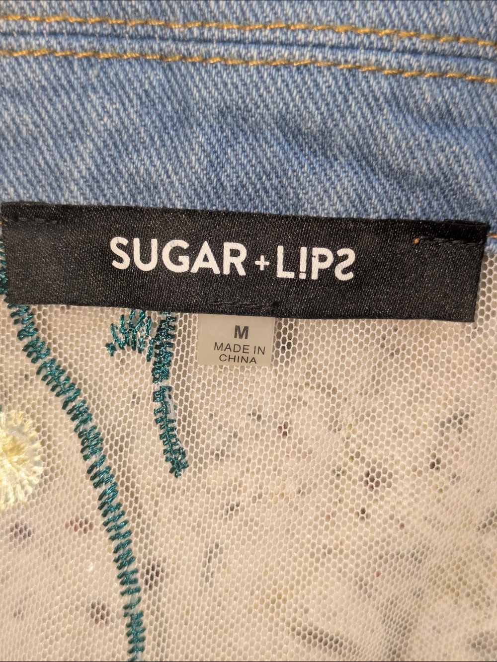 Sugar Lips Floral Embroidered Sheer Mesh Denim Trucker Jacket M - Picture 4 of 13